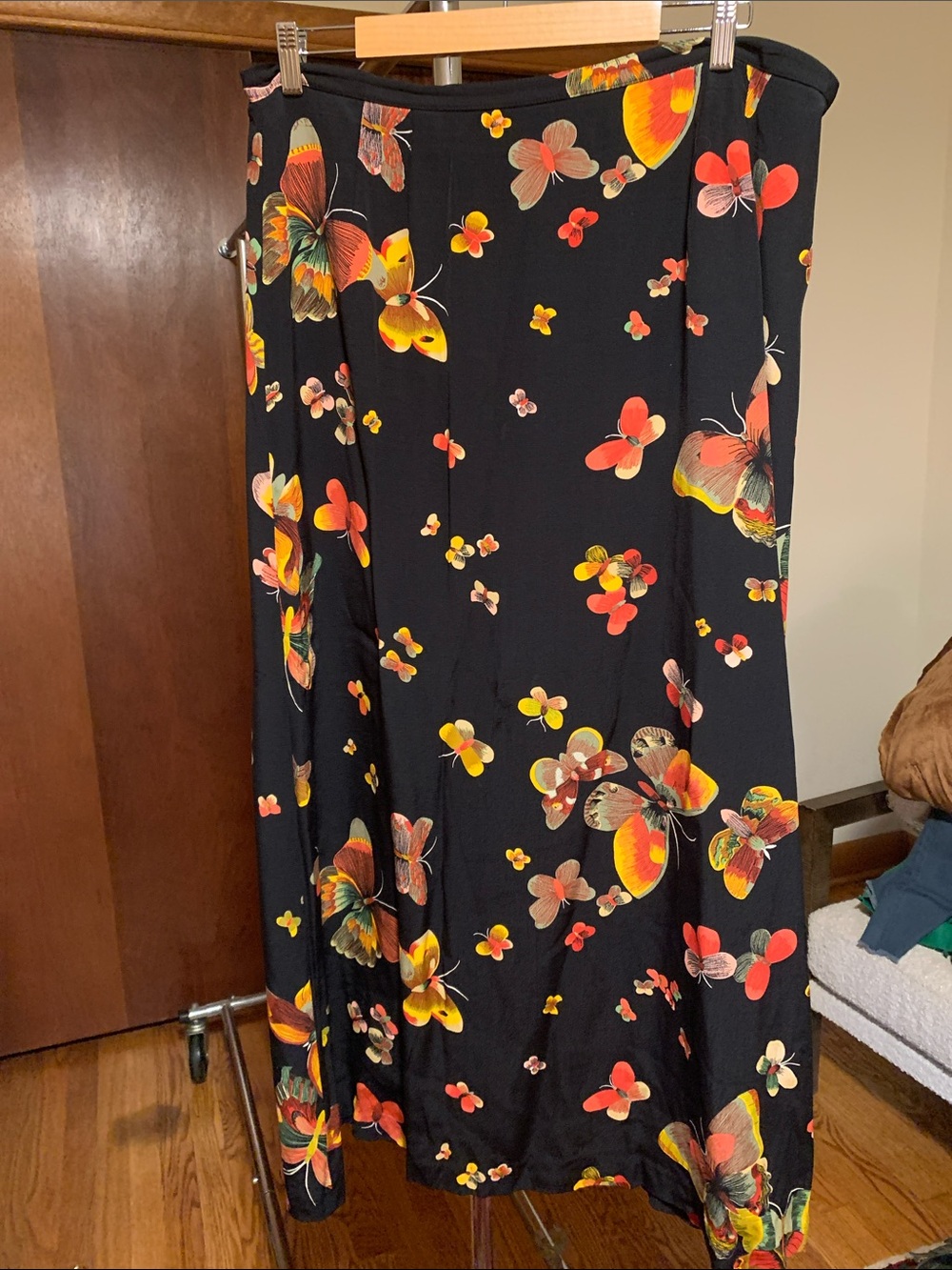 Vintage Black Floral Butterfly Maxi Skirt - Vibrant Orange & Yellow Print